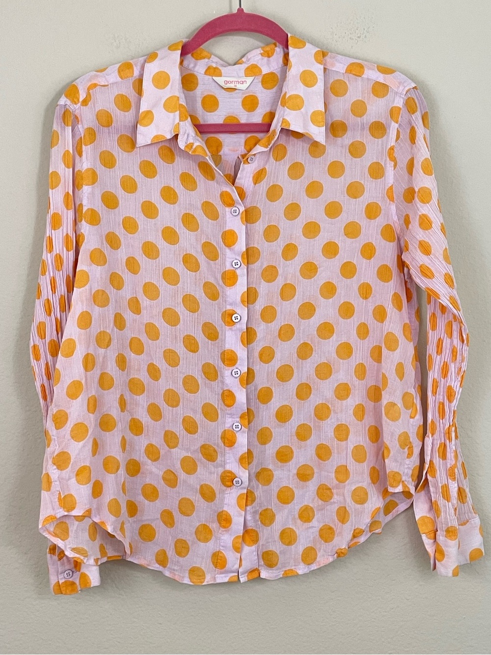 Gorman Dotted Organic Cotton Crinkle Button Down Shirt Long Sleeves Size 10
